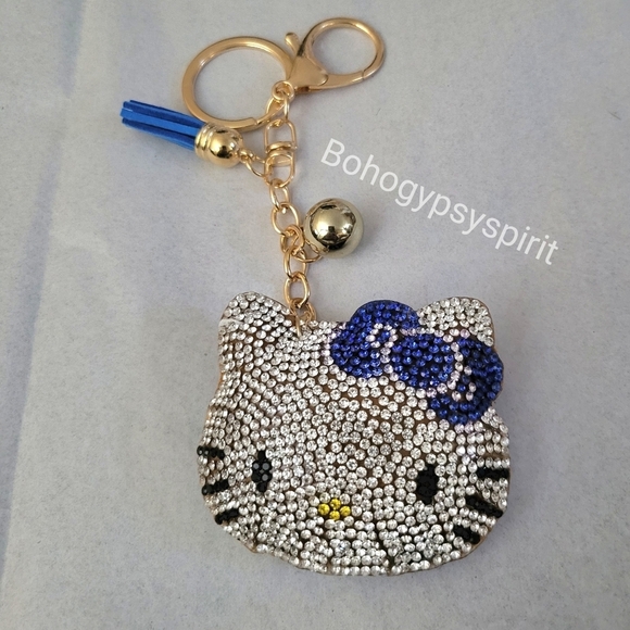 Hello Kitty Blue Bow Crystal Rhinestone Keychain Bag Charm With Tassel - Picture 3 of 11